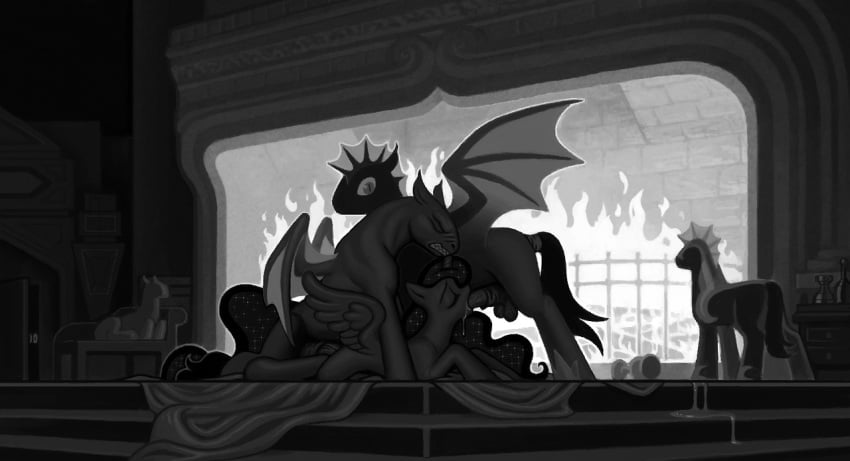 2014 alicorn animal_genitalia balls bat_pony bat_wings chaosrruruus clenched_teeth closed_eyes equine female feral fire fireplace friendship_is_magic fur goblet greyscale group group_sex hair horn horse horsecock long_hair male mammal monochrome my_little_pony oral oral_sex pegasus penis pony princess_luna_(mlp) royal_guard_(mlp) royalty saliva sex staircase straight threesome wings