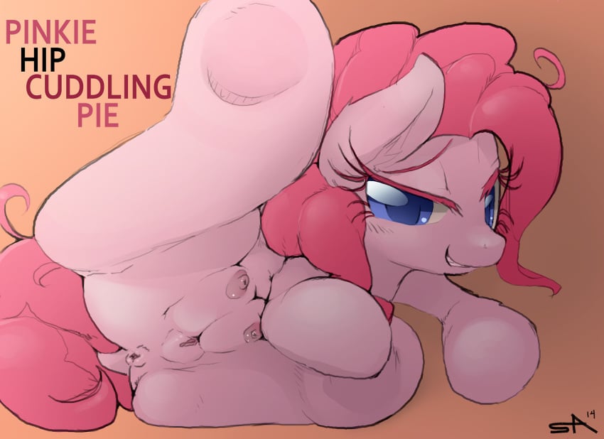 2014 anus blue_eyes crotchboobs english_text equine female friendship_is_magic fur hair hooves horse looking_at_viewer lying mammal my_little_pony on_side one_leg_up pink_fur pink_hair pinkie_pie_(mlp) plain_background pony presenting pussy smile solo spread_legs spreading surgicalarts text