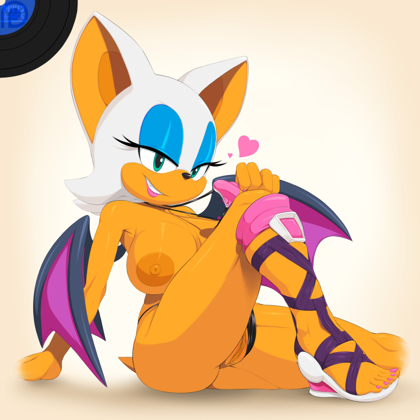 2014 absurdres anthro areola bat big_areola big_nipples breasts clothing erect_nipples female fur furry furry_only green_eyes heart highres huge_breasts human_feet large_breasts looking_at_viewer mammal marthedog nipples pussy rouge_the_bat sega sitting smile solo sonic_(series) sonic_heroes tail