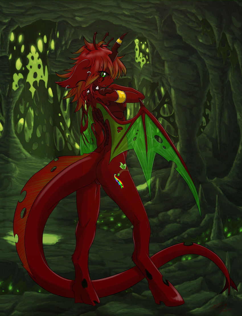 annonymouse anthro ass breasts changeling collar cutie_mark dragon ear_piercing female green_eyes hair hi_res high_resolution horn hybrid jewelry multicolored_hair my_little_pony original_character piercing pussy red_hair scar spiked_collar velvet_star wings