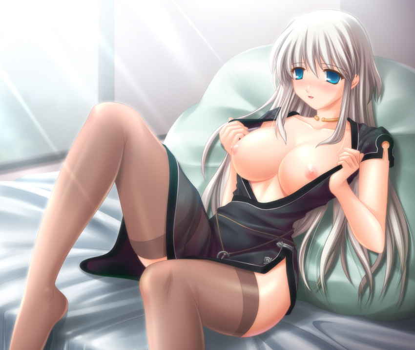 bed big_breasts blue_eyes blush breasts breasts_out china_dress chinadress chinese_clothes kafu large_breasts long_hair lying mabinogi nao nipples no_bra open_clothes open_robe open_shirt silver_hair thighhighs translucent_clothing undressing