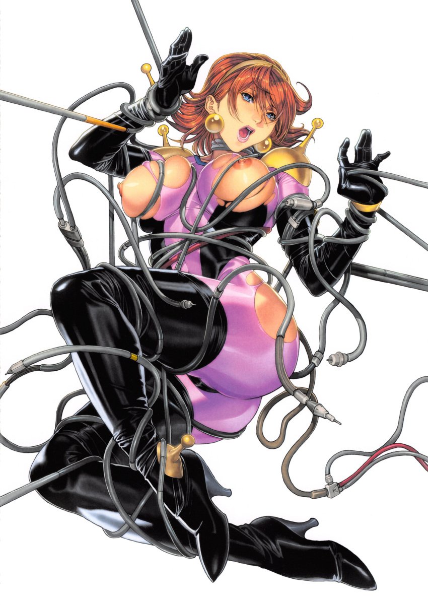 1girls 2015 ass bodysuit breasts brown_hair curvaceous female g_gundam gundam homare_(fool's_art) human large_breasts light-skinned_female light_skin mobile_trace_suit nipples pilot_suit rain_mikamura short_hair simple_background skin_tight solo thick_thighs torn_bodysuit wide_hips wire