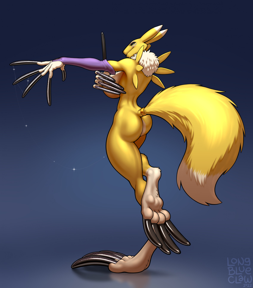 2022 absurd_res anthro bandai_namco biped bodily_fluids breasts claws clothing covering covering_breasts digimon digimon_(species) digital_media_(artwork) female full-length_portrait fur genital_fluids gloves handwear hi_res long_claws longblueclaw looking_back nude portrait pussy_juice renamon simple_background smile solo white_body white_fur yellow_body yellow_fur