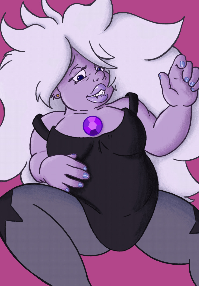 amethyst_(steven_universe) animated bedroom_eyes biting_lip breasts censored clothed clothing gem_(species) gray_hair hightooncartoon hottoddy lipstick overweight overweight_female painted_nails piercing purple_body purple_nail_polish purple_nails purple_skin star_eyes steven_universe thick_thighs