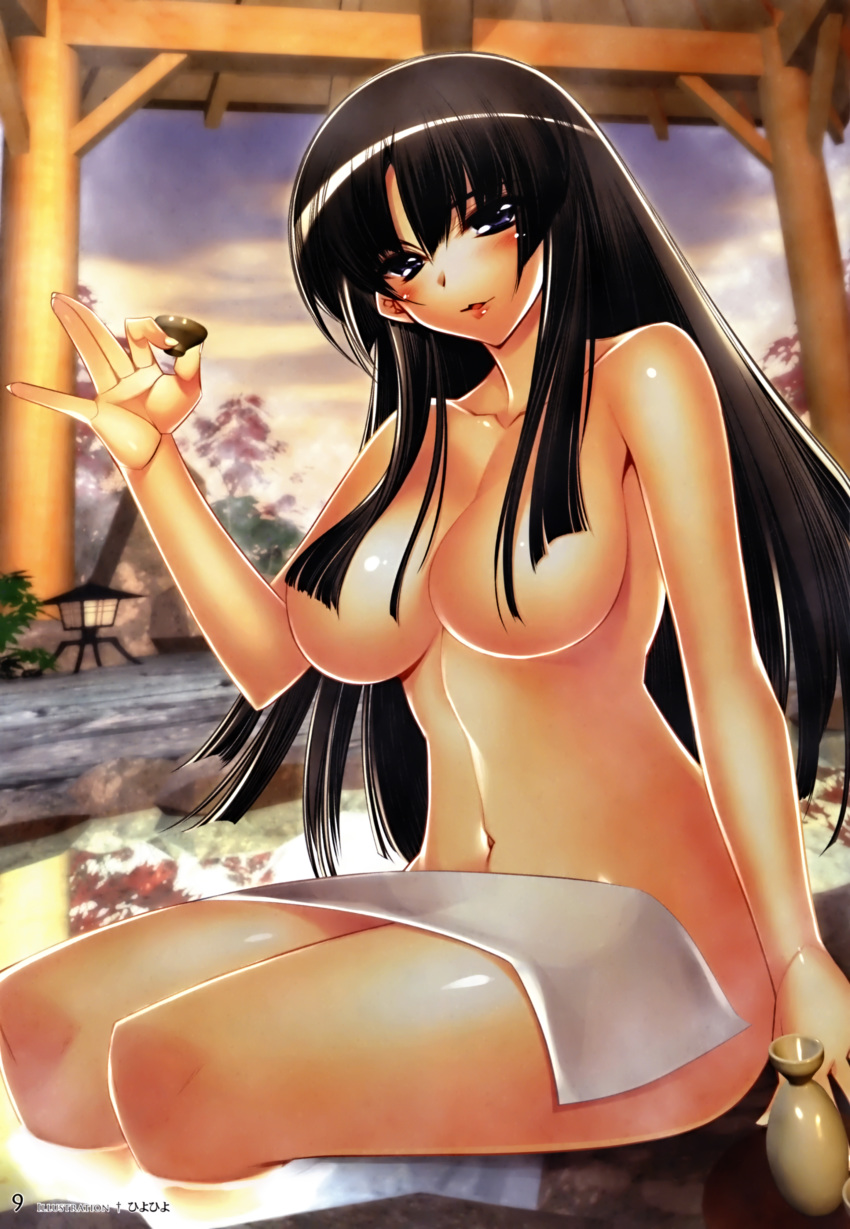 alcohol black_hair blush breasts censored convenient_censoring hair_over_breasts hi_res high_resolution highres hiyohiyo large_breasts nude onsen queen's_blade sakazuki sake sitting tomoe towel