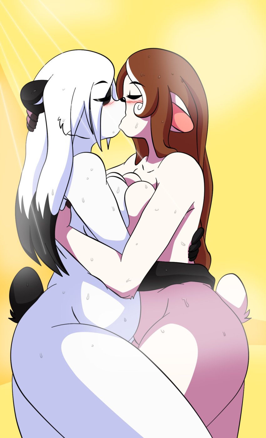 anthro areola bear big_breasts black_hair blush breast_squish breasts brown_hair cainesart caprine chubby closed_eyes cocoa_(las_lindas) edit female fur hair hand_on_head hug kissing las_lindas nipples nude overweight panda sheep shower wet white_fur white_hair yuri