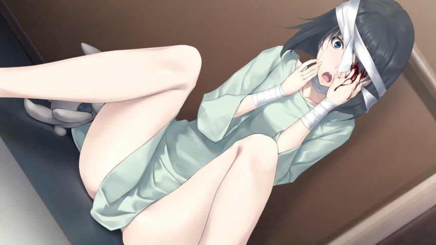 bandage black_hair blood blue_eyes female game_cg highres innocent_grey kara_no_shoujo_2 legs looking_down open_mouth short_hair sitting solo spread_legs sugina_miki tears thighs