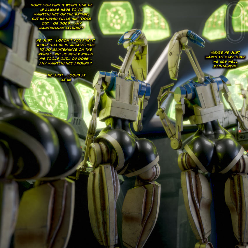 3d b1_battle_droid big_butt clanker dialogue female multiple_females multiple_girls pickle_juice robot robot_girl robot_humanoid star_wars tagme