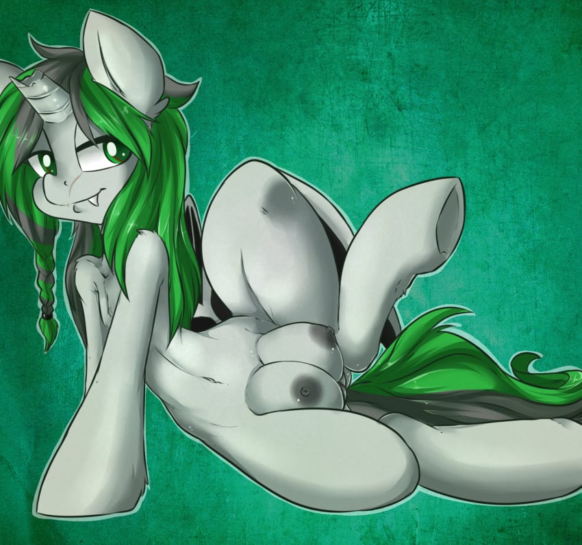 above_average_crotchboobs breasts crotchboobs elyse_kinslayer equine gray_hair green_eyes green_hair hair mammal my_little_pony nipples original_character pussy rainbowscreen two_tone_hair