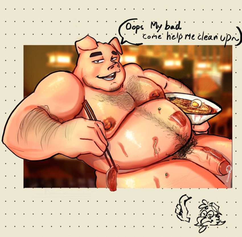 anthro areola balls belly big_belly bodily_fluids body_hair bowl chest_hair chopsticks coki6sip container dialogue digital_media_(artwork) domestic_pig english_text fingers food food_on_body food_on_penis fur furry genital_fluids genitals half-closed_eyes half-erect hi_res holding_bowl holding_chopsticks holding_container holding_object humanoid_genitalia humanoid_penis leaking_precum lego lego_monkie_kid looking_at_viewer male mammal moobs narrowed_eyes nipples noodles nude obese obese_anthro obese_male open_mouth overweight overweight_anthro overweight_male penis pig pigsy_(lego_monkie_kid) precum precum_string pubes smile solo speech_bubble suid suine sus_(pig) talking_to_viewer text