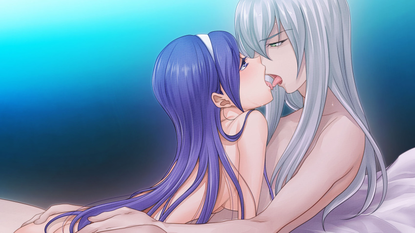 1boy aono_miki blue_eyes blue_hair blush breasts couple female fresh_precure! green_eyes hairband highres nude open_mouth precure pretty_cure say_(sakabin) silver_hair small_breasts souler tongue tongue_out