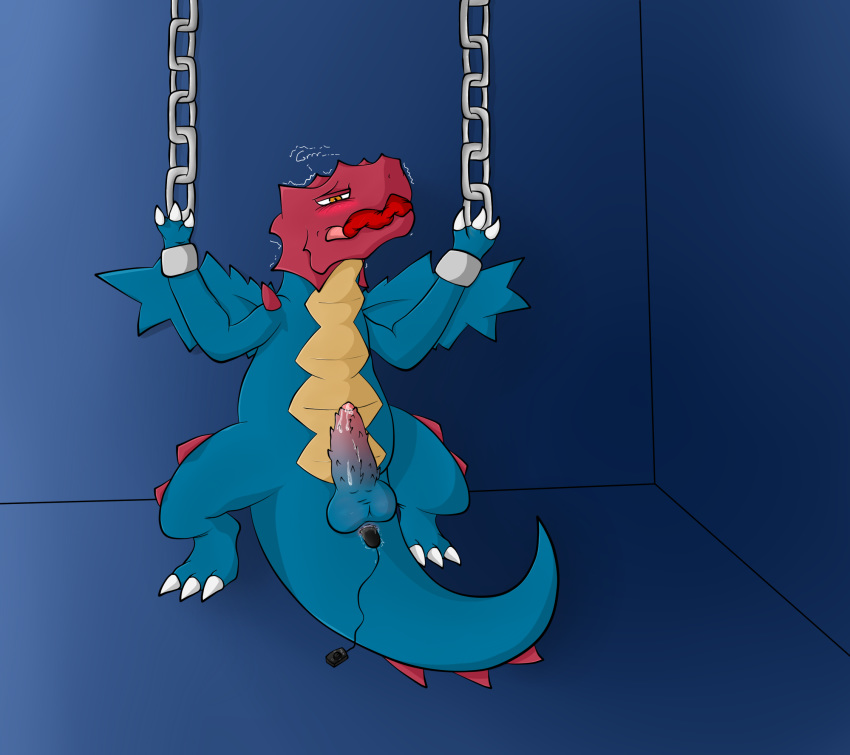 asbel_lhant_(artist) ass balls blush bondage bound chains dragon druddigon lying male male_only nintendo on_back penis pokemon saliva sex_toy simple_background vibrator