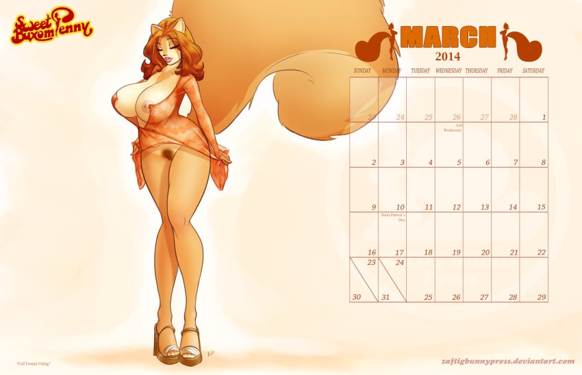 10s 1girls 2000s_and_2010s_style 2010s 2014 anthro areola big_breasts big_tail breasts calendar_(medium) clothing colored curvaceous curvy english_text female female_only fluffy_tail freckles full_body functionally_nude_female fur hair hi_res high_heels hourglass_figure huge_breasts lips long_hair march march_(month) nipples nude open_toe_shoes orange_fur penny_flynn plain_background pubic_hair pussy red_hair rodent see-through sheer solo squirrel standing tan_fur text thighs unshaved_pussy voluptuous wedge_heels wedges wide_hips zaftigbunnypress