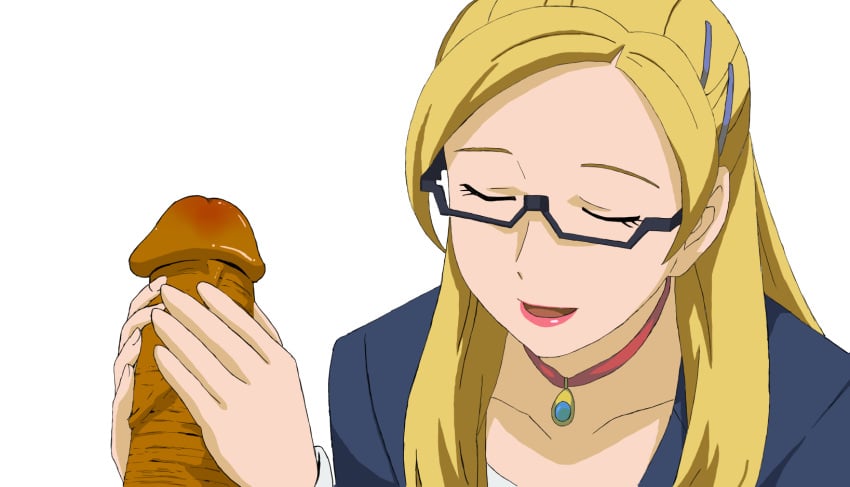 baker_(gundam_bf) blonde_hair closed_eyes glasses gundam gundam_build_fighters handjob medium_hair open_mouth penis semi-rimless_glasses uncensored