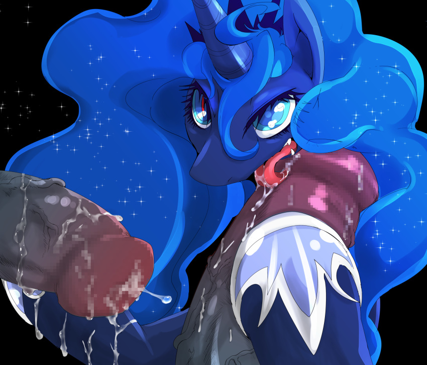 2014 big_penis blue_eyes blue_fur blue_hair censored cum cum_on_tongue equine faceless_male female feral friendship_is_magic fur group group_sex hair hi_res high_resolution highres horn horse licking long_hair male mammal my_little_pony oral oral_sex penis princess_luna_(mlp) sex straight suzumaru tongue vein