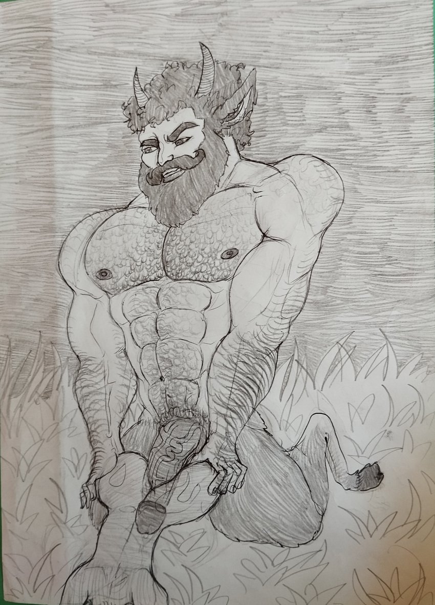 beard bearded big_penis curly_hair facial_hair faun george_(character) hairy hairy_arms hairy_chest hairy_male hunk intense_sex manly muscle muscular muscular_male outdoors pencil_(artwork) penis rough_sex satyr see-through size_difference sketch thick_penis traditional_art traditional_media traditional_media_(artwork) transparent_body veiny_penis