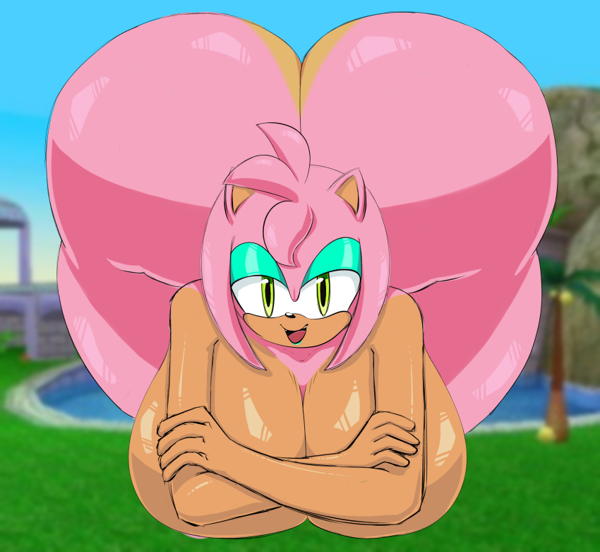 amy_rose ass big_breasts big_butt breasts dark-skinned_female dark_skin green_eyes hedgehog huge_breasts huge_butt looking_at_viewer mobian_(species) nude nude_female pink_fur rougethedaisy solo solo_female solo_focus sonic_(series) sonic_the_hedgehog_(series) thick_thighs wide_hips