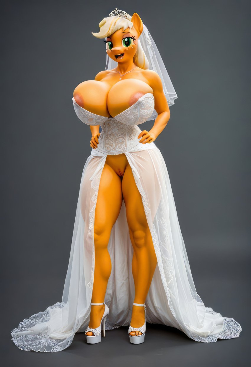 2girls ai_generated anthro anus applejack_(mlp) ass blue_eyes breasts civitai equestria_girls equine explicit female high_heels looking_at_viewer my_little_pony open_mouth platform_heels pony presenting presenting_hindquarters pussy realistic smile toes uncensored wedding_dress wedding_lingerie wedding_veil