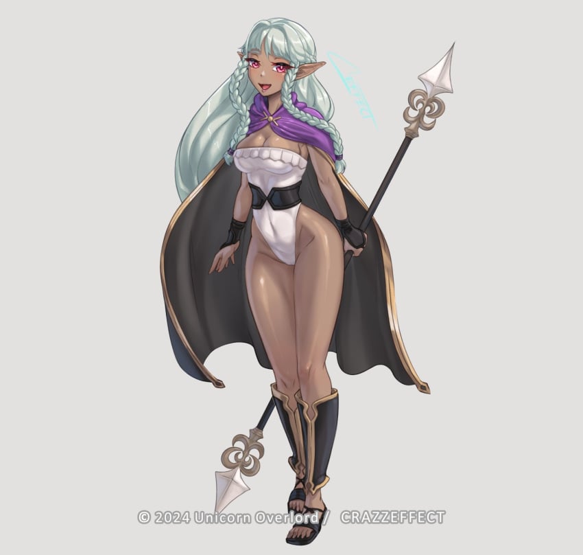 1girls :d bangs bare_arms bare_legs braid breasts bridal_gauntlets cape cleavage covered_navel crazzeffect dark-skinned_female dark_skin elf female female_only full_body gloves grey_background grey_hair large_breasts legs leotard long_hair looking_at_viewer open_mouth pink_eyes pointy_ears rosalinde_(unicorn_overlord) sandals smile solo spear twin_braids unicorn_overlord very_long_hair weapon