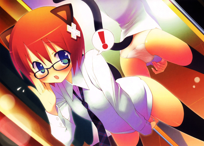 ! 1girls :o adjusting_glasses animal_ears ass azel_(twinkle_crusaders) bent_over black_legwear blue_eyes blush bob_cut cat_ears cat_tail dutch_angle female flat_chest gayarou glasses gradient_hair hair_ornament highres leaning_forward mirror multicolored_hair necktie no_pants panties red_hair reflection scan short_hair solo standing surprised sweatdrop tail thighhighs twinkle_crusaders underwear white_panties