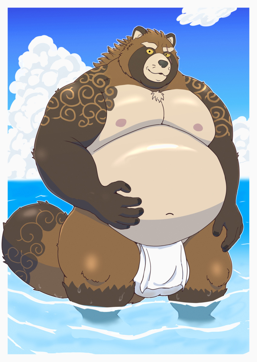 2024 anthro asian_clothing belly big_belly brown_body canid canine clothing cloud east_asian_clothing fundoshi gyobu_(tas) hi_res japanese_clothing kemono lifewonders male male_only mammal moobs nipples outside overweight overweight_male raccoon_dog solo solo_male tanuki tokyo_afterschool_summoners underwear usikuma6 water white_clothing white_fundoshi white_underwear