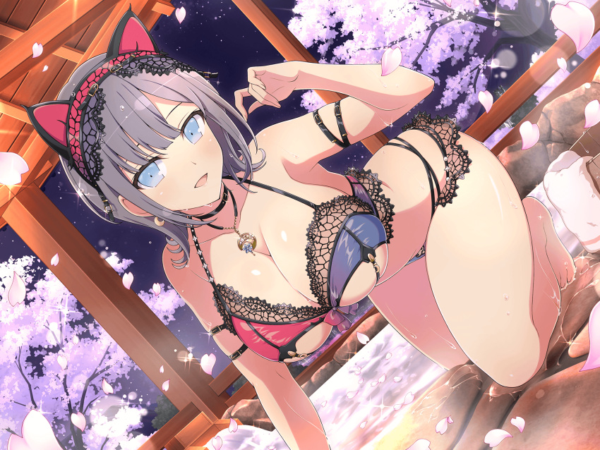 all_fours armband armpits ass_visible_through_thighs bare_arms bare_belly bare_legs bare_shoulders bare_thighs barefoot big_breasts blue_eyes blush body_blush bra breasts cat_ears cleavage collarbone feet grey_hair hot_spring lingerie marvelous multicolored_bra necklace official_art onsen open_mouth outdoors panties pointy_chin senran_kagura senran_kagura_new_link shiny_skin short_hair smile thighs toes underwear wet_body yaegashi_nan yumi_(senran_kagura)