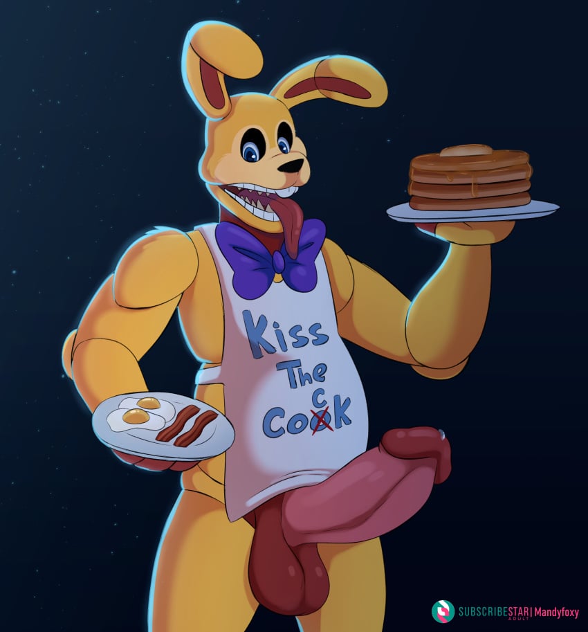 absurd_res anthro apron balls bodily_fluids boner bow_tie clothing erection five_nights_at_freddy's food genital_fluids genitals hi_res into_the_pit lagomorph leporid long_tongue male male_only mammal mandyfoxy naked_apron pancake penis pit_spring_bonnie_(fnafitp) precum rabbit scottgames solo spring_bonnie spring_bonnie_(fnaf) thick_penis tongue tongue_out yellow_body