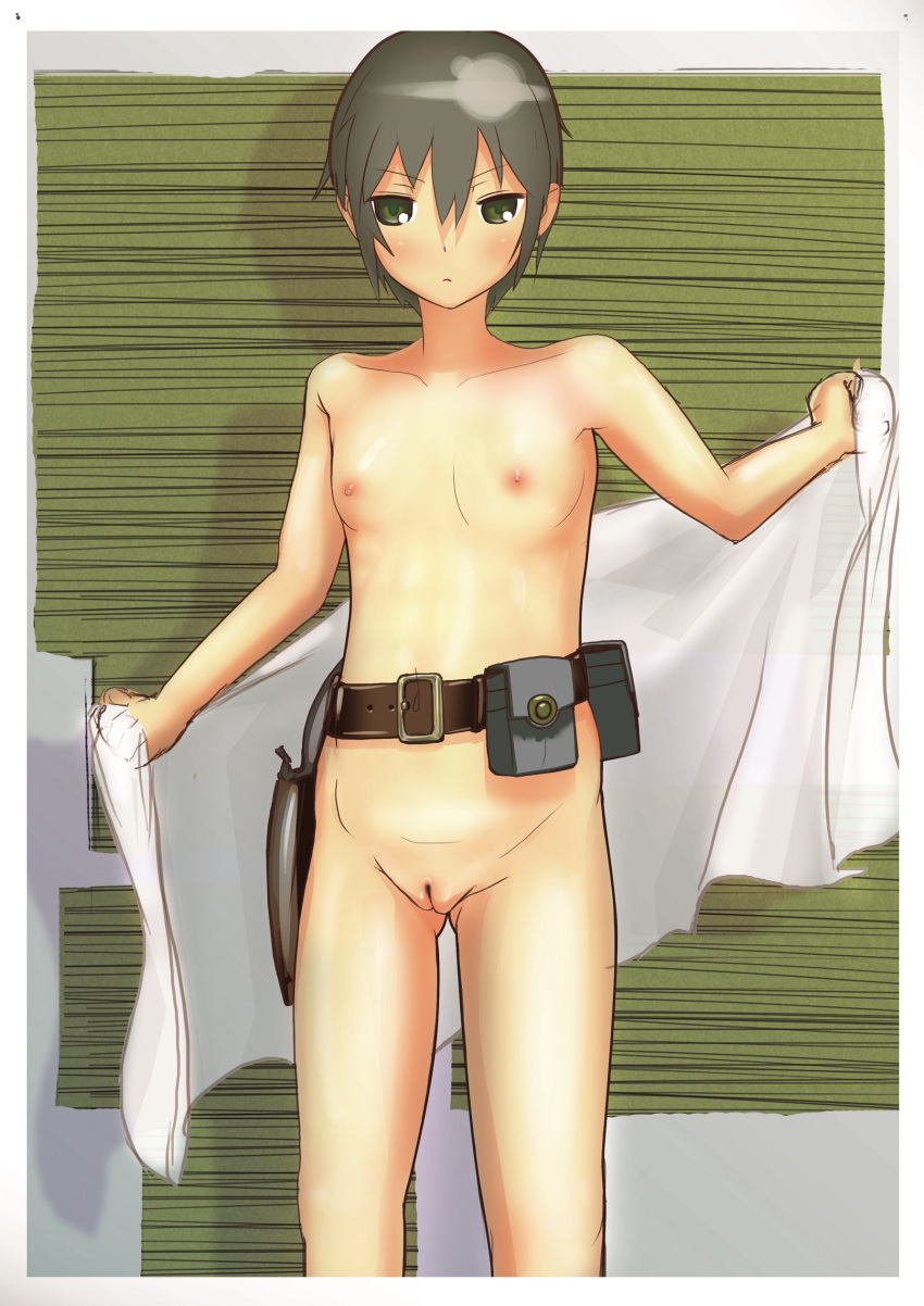 artist_request belt black_hair breasts female firearm green_eyes gun gunbelt handgun holster human kino kino_no_tabi mostly_nude nude pouch pussy revolver short_hair small_breasts solo tactical_nudity towel uncensored weapon