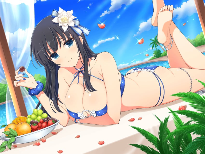 anklet arm_under_breast ass back bare_arms bare_back bare_belly bare_legs bare_shoulders bare_thighs barefoot big_breasts bikini black_hair blue_bikini blue_eyes blue_nails blush body_blush breasts butt_crack cleavage closed_mouth collarbone feet flower_in_hair ikaruga_(senran_kagura) legs_up long_hair lying_on_stomach marvelous nail_polish official_art outdoors poolside senran_kagura senran_kagura_new_link shiny_skin smile the_pose thigh_strap thighs toes yaegashi_nan