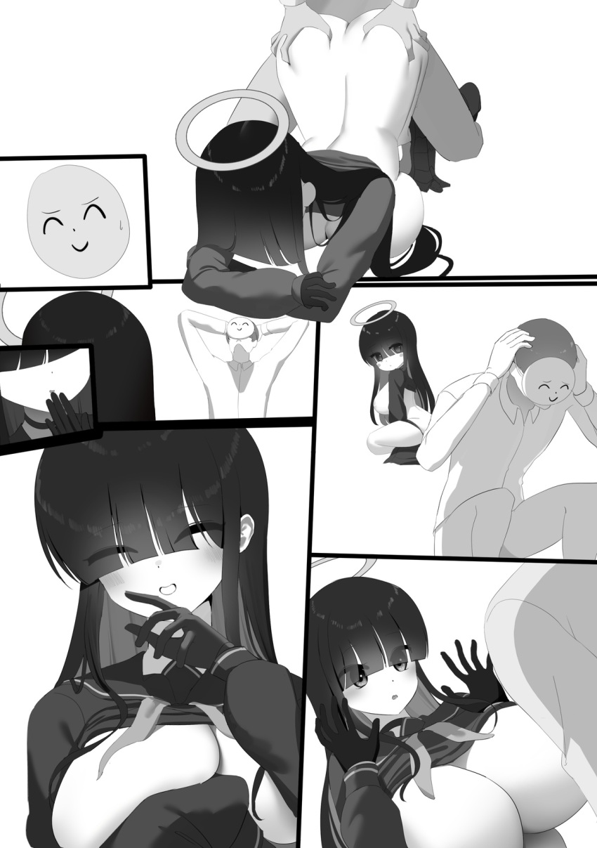 1boy 1girls blue_archive blush breasts breasts_bigger_than_head choker cleavage closed_eyes clothed comic comic_page eyes_visible_through_hair gloves halo huge_breasts justice_task_force_member_(blue_archive) monochrome nicorima penetration sailor_collar serafuku sex smile