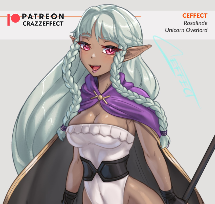 1girls :d bangs bare_arms braid breasts bridal_gauntlets cape cleavage crazzeffect dark-skinned_female dark_skin elf female female_only gloves grey_background grey_hair large_breasts leotard long_hair looking_at_viewer open_mouth pink_eyes pointy_ears rosalinde_(unicorn_overlord) smile solo spear twin_braids unicorn_overlord upper_body very_long_hair weapon