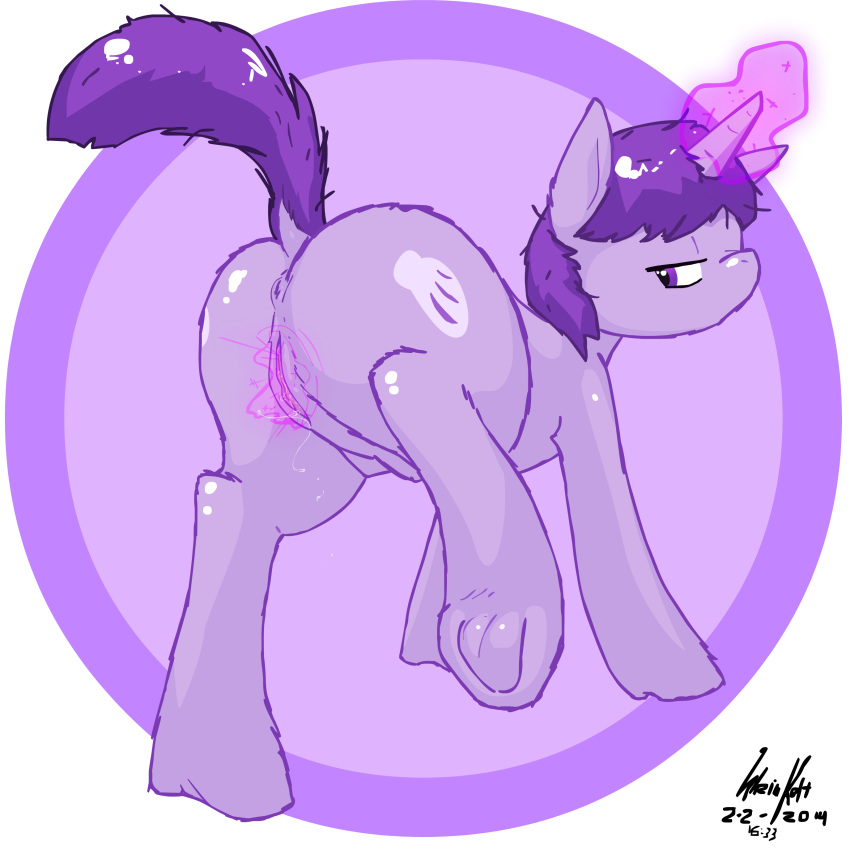 2014 anus ass cutie_mark equine female feral fur hair half-closed_eyes hooves horn horse magic mammal my_little_pony original_character pony purple_eyes purple_fur purple_hair pussy raised_leg raised_tail shinekolt solo unicorn