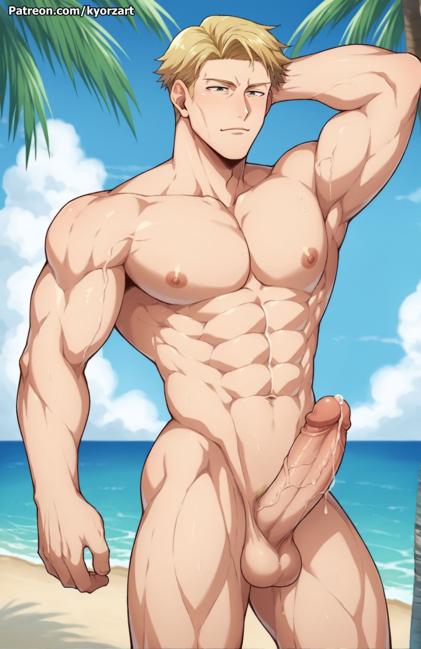 1boy abs ai_generated balls bara biceps big_balls big_penis blonde_hair daddy dilf erection jujutsu_kaisen kento_nanami kyorzart male male_nipples male_only manly mature_male muscular_male nipples nude pecs penis precum precum_drip solo solo_male