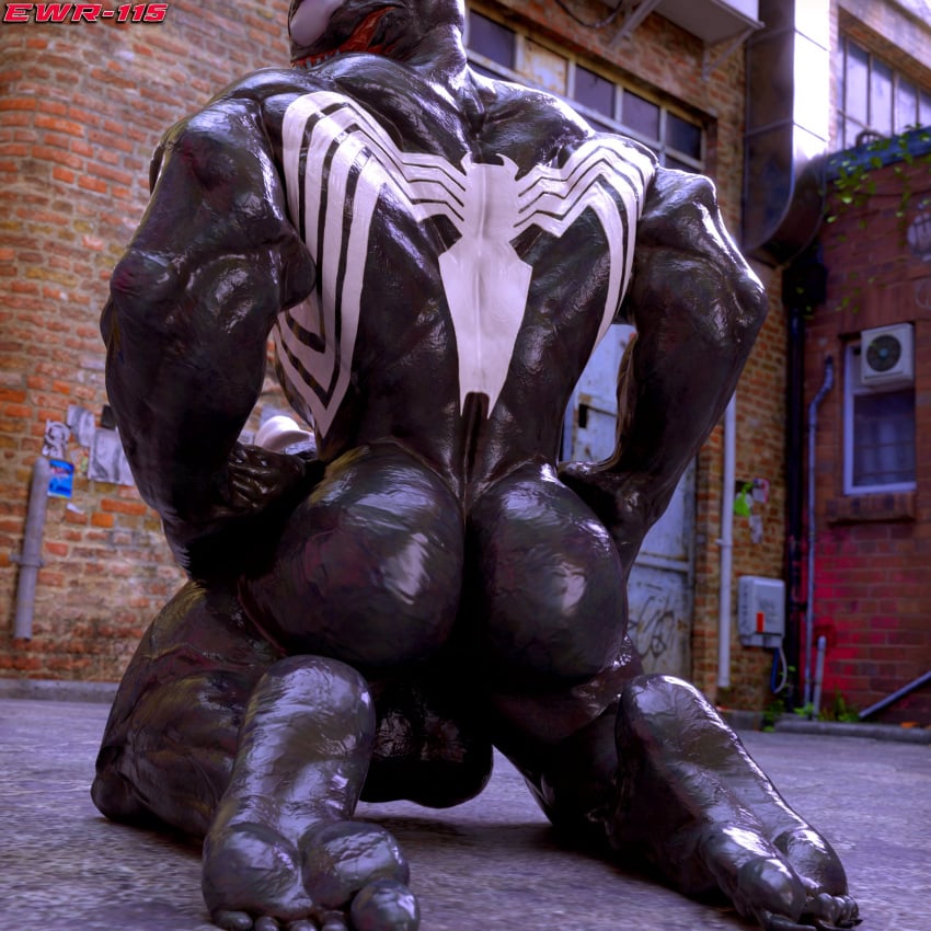 3d_(artwork) absurd_res alien alien_humanoid ass balls big_balls digital_media_(artwork) emblem empty_eyes ewr_115 feet genitals hi_res humanoid male marvel marvel_comics muscular muscular_male rear_view sharp_teeth solo symbiote teeth venom_(marvel) white_eyes