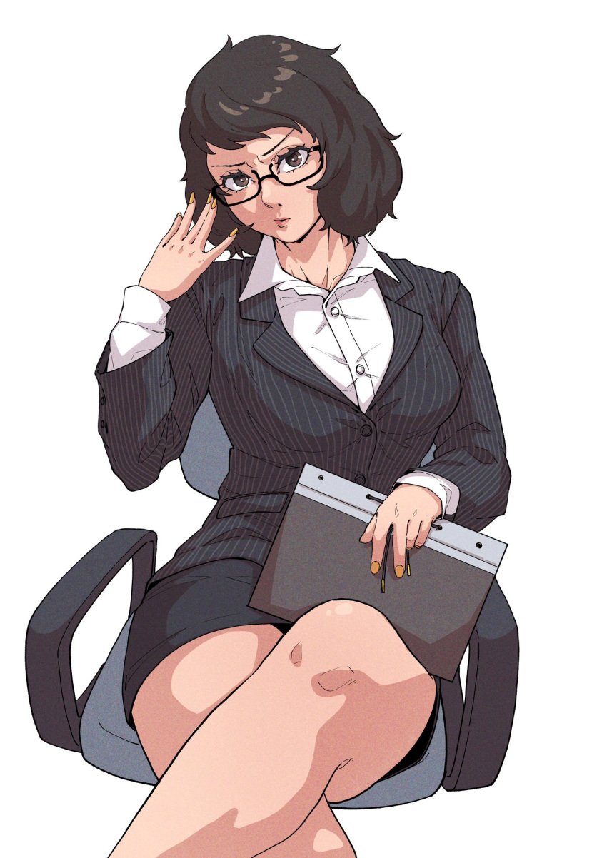 1girls brown_eyes brown_hair chuckuddin glasses legs_crossed office_chair office_lady painted_nails persona persona_5 sadayo_kawakami solo_female solo_focus