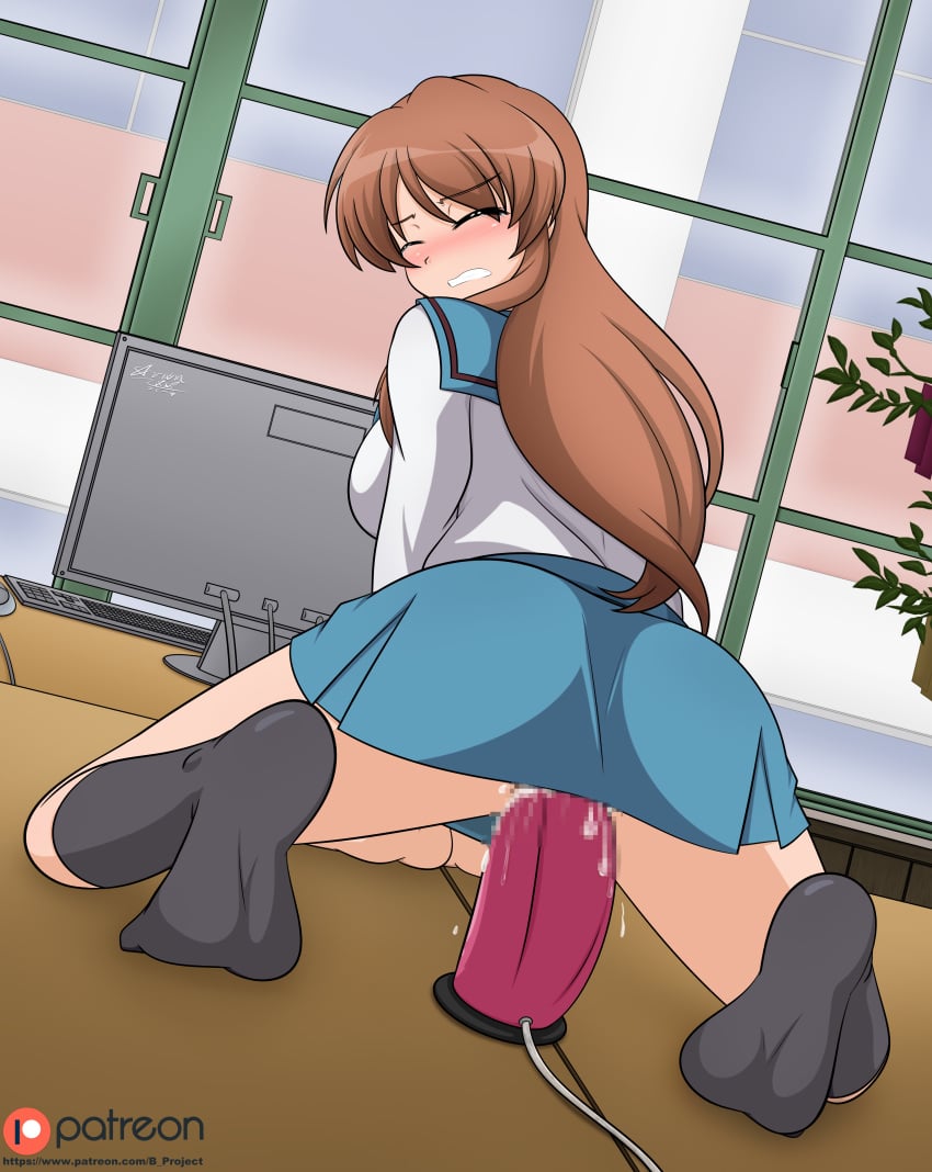 absurdres asahina_mikuru ass black_socks blush breasts brown_hair closed_eyes closed_mouth computer_keyboard dildo female highres indoors kita_high_school_uniform kneehighs long_hair luna_xd masturbation monitor object_insertion on_table pussy_juice school_uniform sex_toy skirt socks solo suzumiya_haruhi_no_yuuutsu table vaginal_object_insertion vaginal_penetration window winter_uniform wire