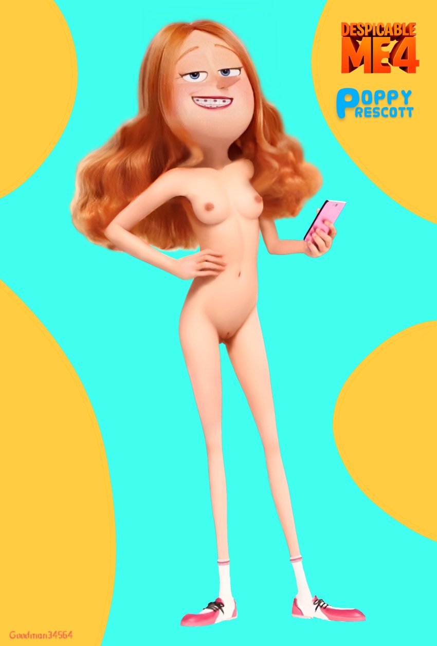 aged_up blue_eyes braces despicable_me despicable_me_4 edit freckles_on_face ginger_hair holding_phone illumination_entertainment lipstick nude nude_filter original penis petite_female poppy_prescott pussy red_hair shoes small_breasts socks standing universal_studios