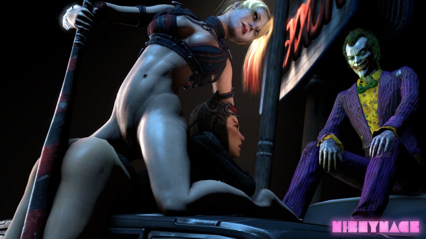 2girls 2girls1boy 3d abs ass baseball_bat batman:_arkham_knight batman_(series) belly big_ass blonde_hair catwoman catwoman_(arkham) catwoman_(arkham_knight) clothes clothing costume dc dc_comics dyed_hair glasses green_hair harley_quinn harley_quinn_(arkham) harley_quinn_(arkham_knight) joker large_ass long_hair makeup mikeymack navel pussy selina_kyle source_filmmaker suit supervillain supervillainess the_joker