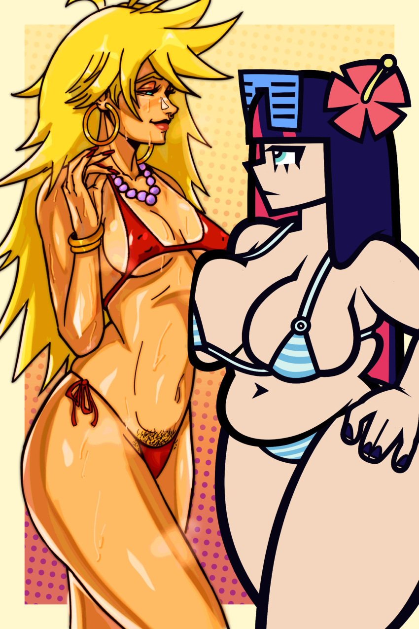 2girls analognsfw bikini collab female panty_&_stocking_with_garterbelt panty_anarchy solidusgrilo stocking_anarchy studio_trigger sweating swimsuit tagme