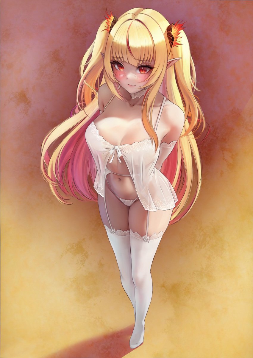 1girls 2d 2d_(artwork) alternate_costume arms_behind_back babydoll babydoll_lingerie belly_button blonde_hair eternals_(idol_corp) female female_only full_body idol_corp idol_es latam_virtual_youtuber lazik_1337 light-skinned_female light_skin lingerie long_hair looking_at_viewer navel pigtails pink_hair pointy_ears red_eyes ruby_runeheart slim_girl smiling smiling_at_viewer solo standing thighhighs thong two_tone_hair virtual_youtuber vtuber vtuberfanart white_lingerie white_thighhighs white_thong young younger_female