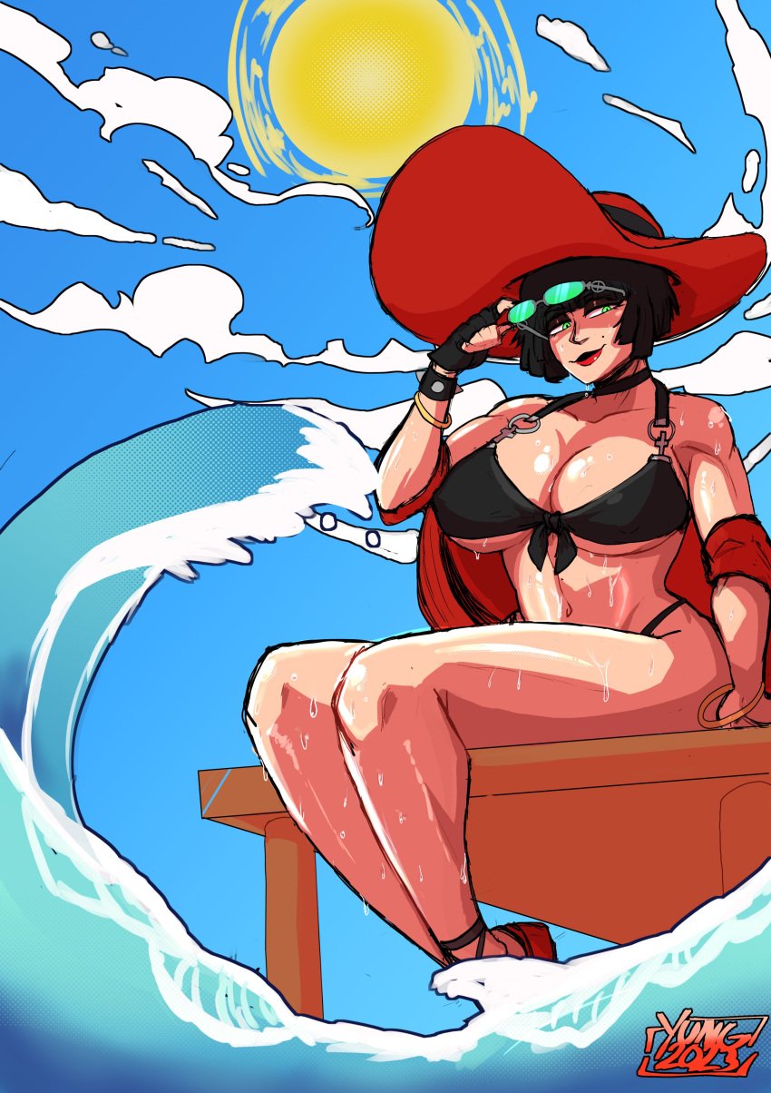 bikini black_hair eyewear_removed galacticpunt_ guilty_gear hat i-no sunglasses swimsuit water_dripping wet yung