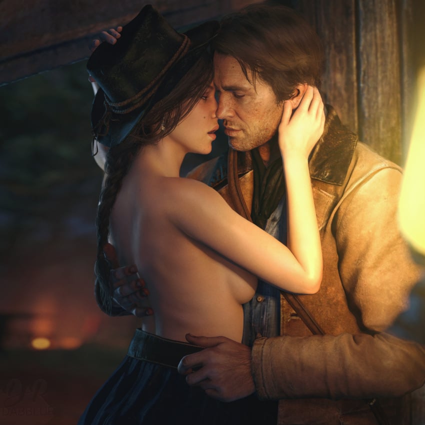 1boy 1girls 3d arthur_morgan braided_ponytail drdabblur embrace imminent_kiss imminent_sex indoors mary_linton no_bra red_dead_redemption_(series) red_dead_redemption_2 romantic romantic_ambiance romantic_couple straight topless topless_female undressing undressing_another waist_grab