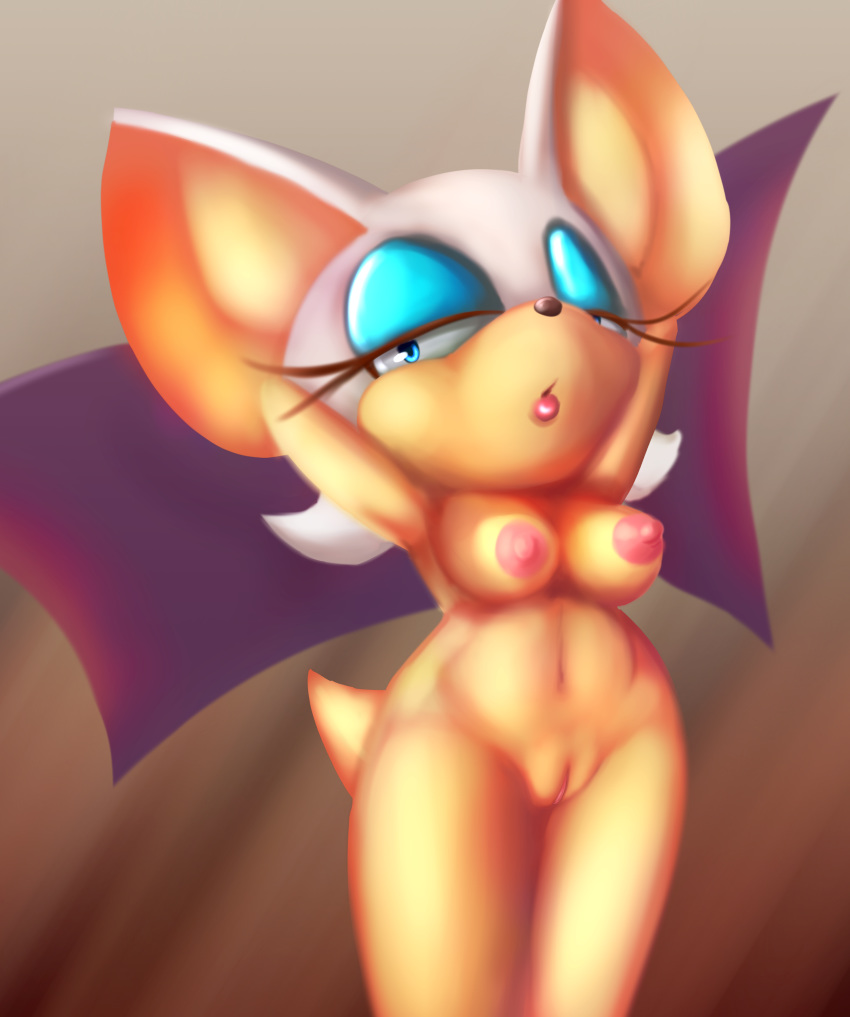 2014 anthro bat big_ears blue_eyes breasts brown_background eyelashes female half-closed_eyes hi_res high_resolution highres ken17 nipples nude plain_background pussy rouge_the_bat sega sonic_(series) standing video_games wings