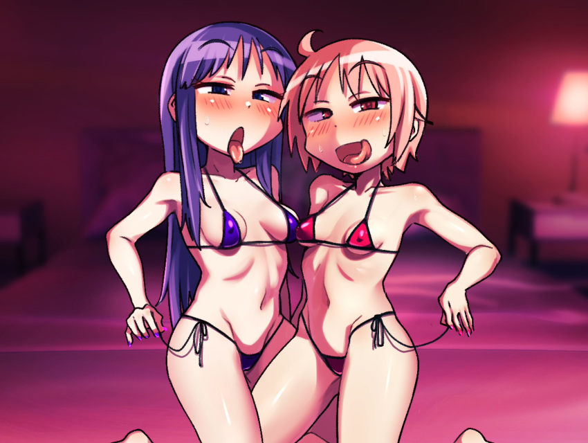 alternate_version_at_source bedroom bikini chiden female female_only hinata_yukari horny_female inviting_to_sex licking_lips micro_bikini nonohara_yuzuko pink_eyes pink_hair purple_eyes purple_hair tongue tongue_out yuyushiki