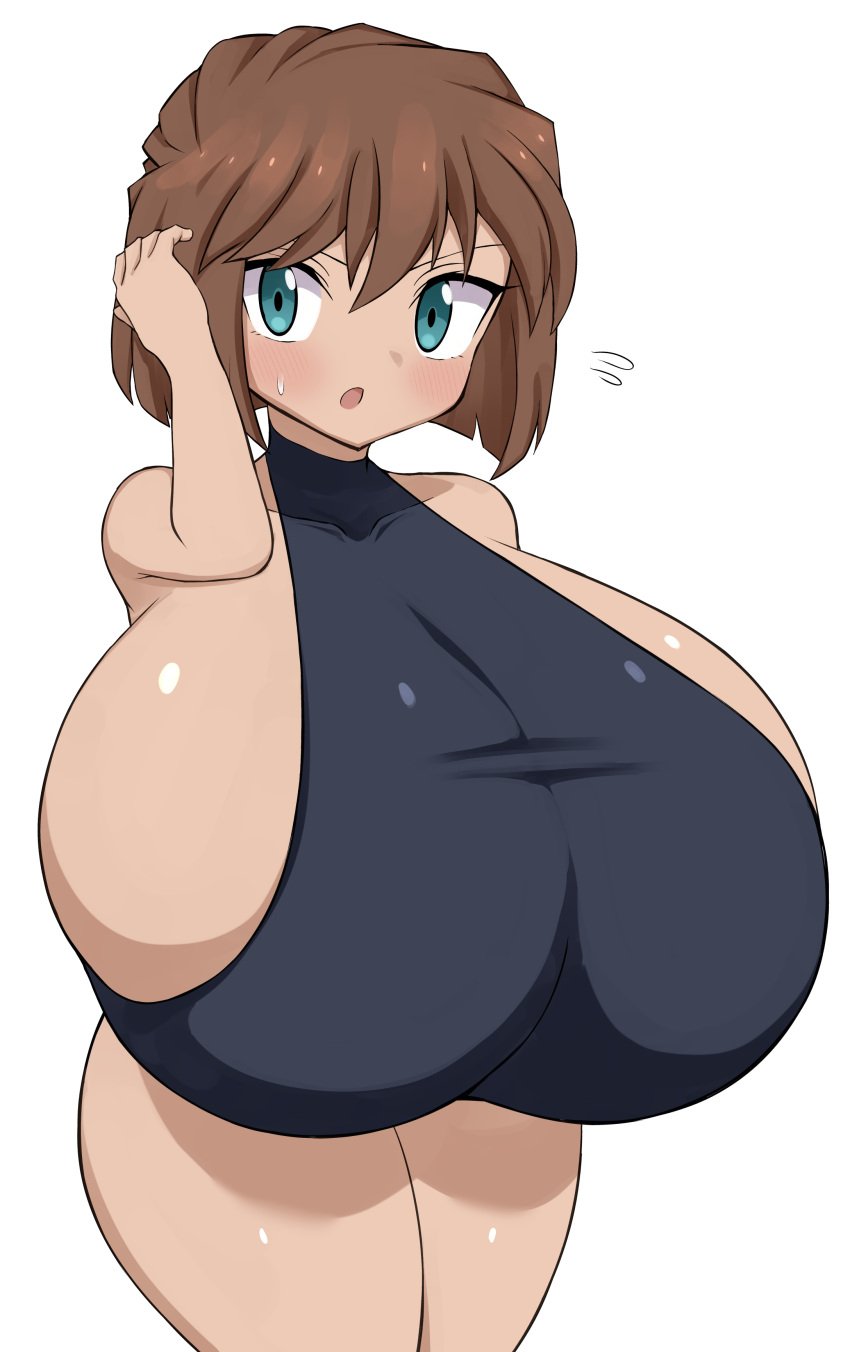 1girls aged_up ai_haibara big_breasts breasts breasts_bigger_than_head breasts_bigger_than_torso brown_hair collar detective_conan female gigantic_breasts huge_breasts jaga334 large_breasts shiny_hair shiny_skin short_hair shortstack simple_background solo thick_body thick_female tight_clothing