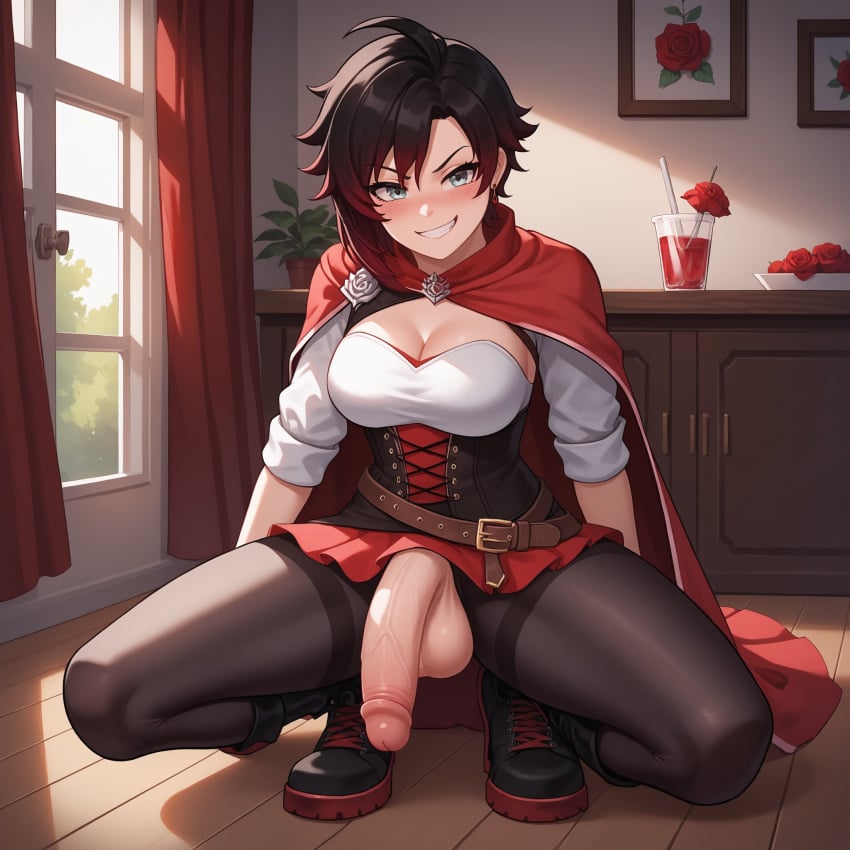 1futa ai_generated big_dick big_penis black_hair candy_boi_commission cape futa_only futanari large_breasts large_penis penis penis_out ruby_rose rwby silver_eyes skirt smug squatting testicles vinivini_art window