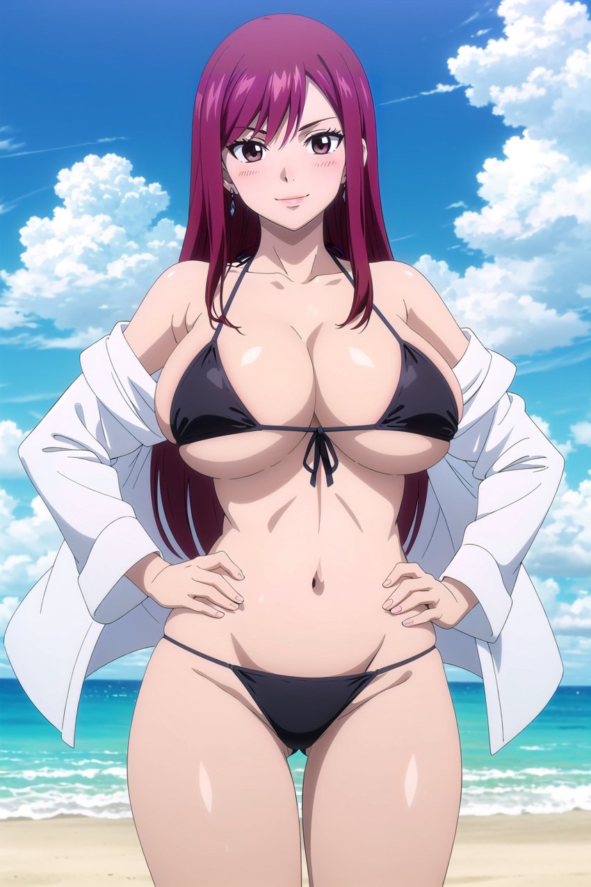 1girls ai_generated arisato_yu beach big_breasts bikini black_bikini erza_scarlet fairy_tail female female_only red_hair