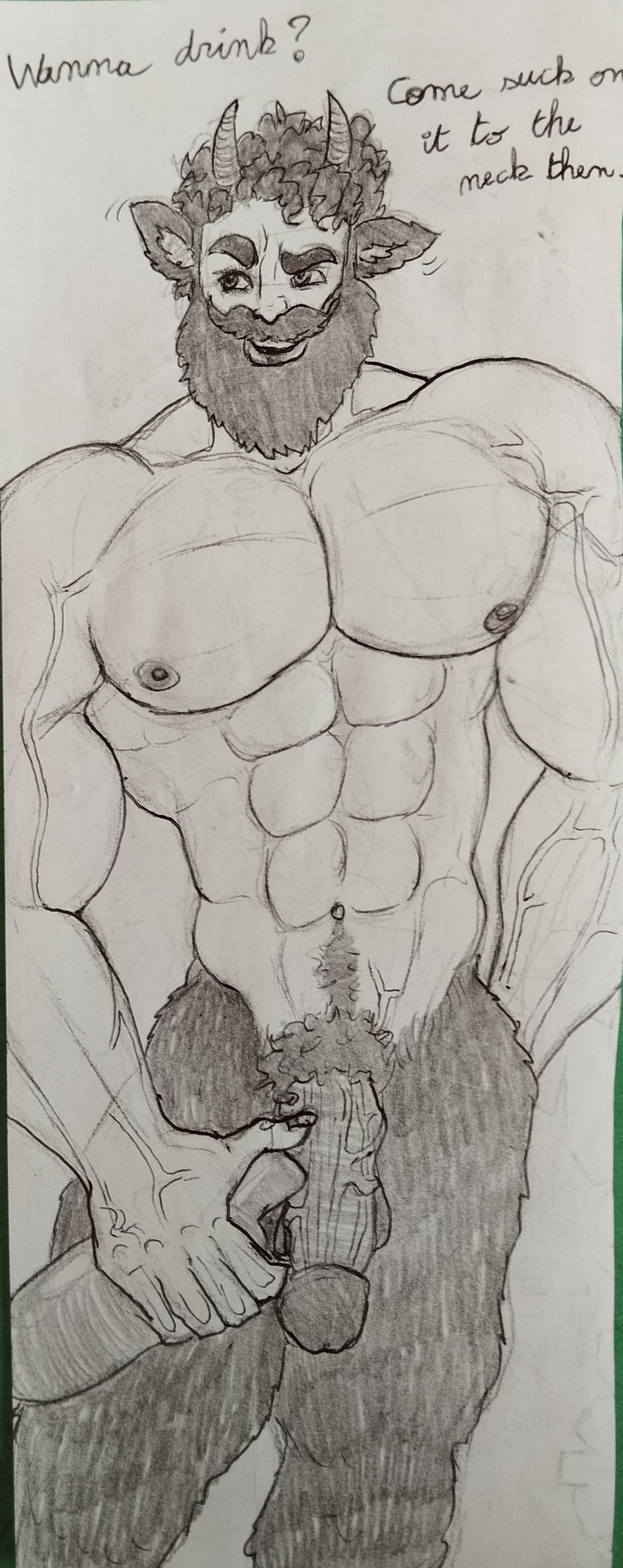 abs animal_ears beard bearded big_arms big_pecs big_penis cocky cocky_smile curly_hair facial_hair faun george_(character) goat_ears goat_horns horns hunk manly muscle muscular muscular_male pencil_(artwork) penis satyr sketch smiling solo solo_male thick_penis traditional_art traditional_media traditional_media_(artwork) veiny_muscles veiny_penis