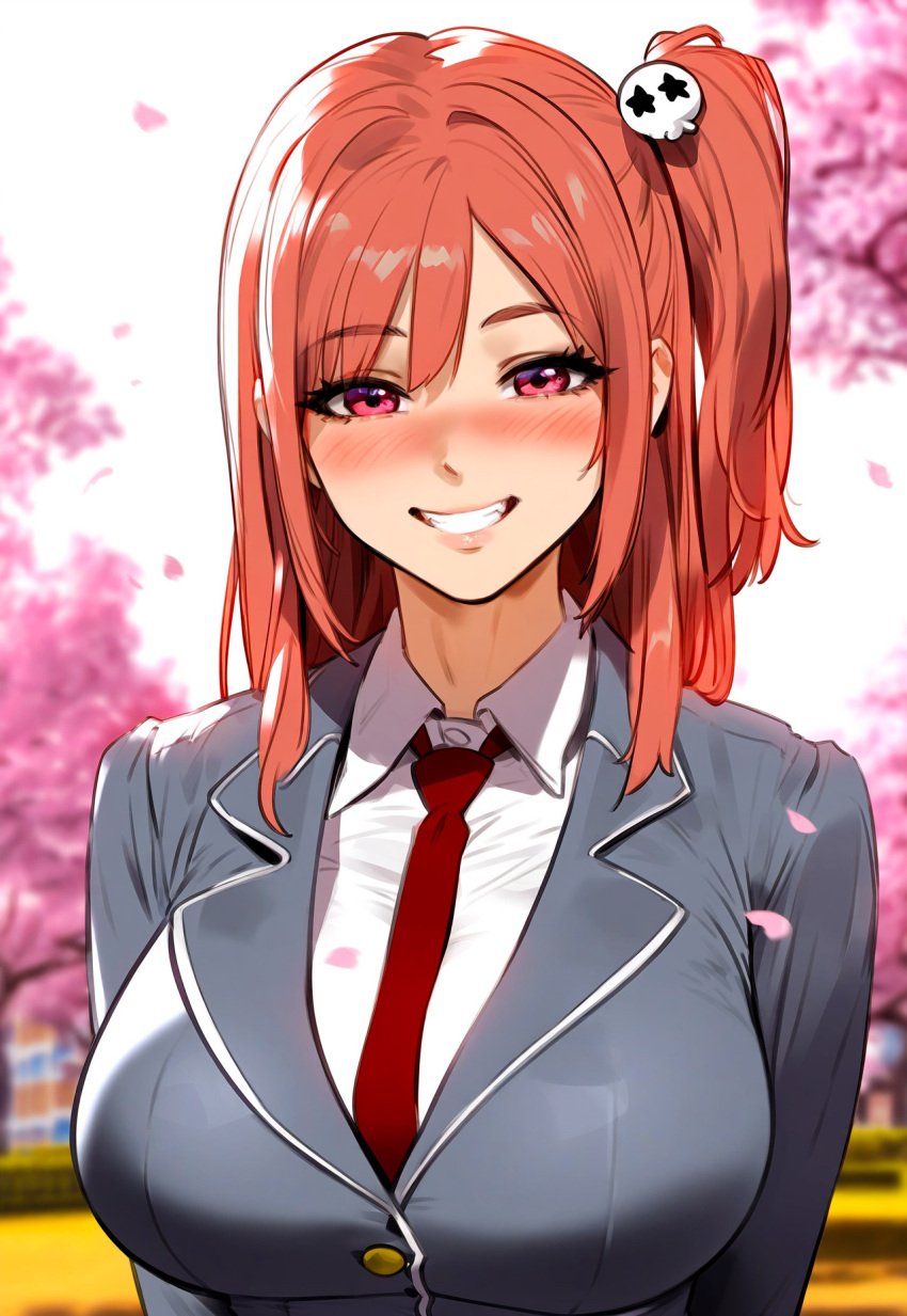 1girls ai_generated bangs blazer blurry blush breasts cherry_blossom clothing collared_shirt curvaceous curvaceous_female curvaceous_figure curvy curvy_figure dead_or_alive female female female_focus floxin grin hair_ornament honoka_(doa) jacket large_breasts long_hair long_sleeves looking_at_viewer necktie neckwear one_side_up outdoors petals pink_eyes ponytail red_eyes red_hair red_necktie red_neckwear school_uniform shirt skull_hair_ornament smile solo teeth tied_hair uniform upper_body voluptuous voluptuous_female white_shirt