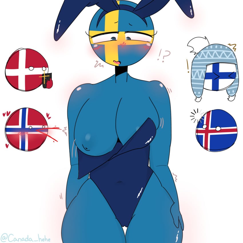 1girls blue_body blue_bunnysuit blue_eyes blue_nipples blush bunny_costume bunny_ears bunnysuit countryballs countryhumans countryhumans_girl denmark_(countryhumans) exposed_breasts exposed_nipples finland_(countryhumans) iceland_(countryhumans) norway_(countryhumans) scandinavia surprised sweden_(countryhumans) xx.canada.xx